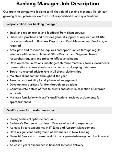job description electronic banking manager.